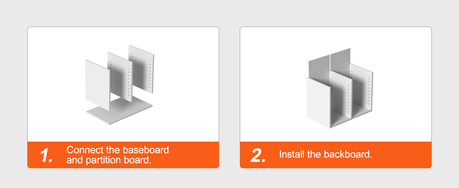 этапы сборки органайзеров для литературы VEVOR с плинтусом и перегородкой.