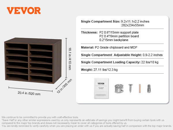 VEVOR literature organizers, 12-compartment wood cabinet with adjustable shelves, dimensions and specifics listed.