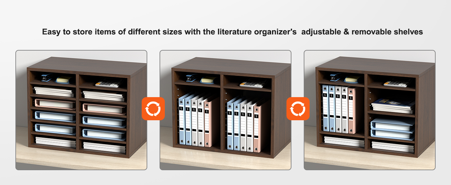 Органайзеры для литературы VEVOR с регулируемыми и съемными полками для хранения предметов разного размера.