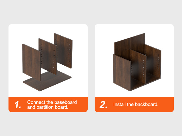 сборка органайзеров для литературы VEVOR: шаг 1, соедините плинтус и перегородку; шаг 2, установите заднюю панель.