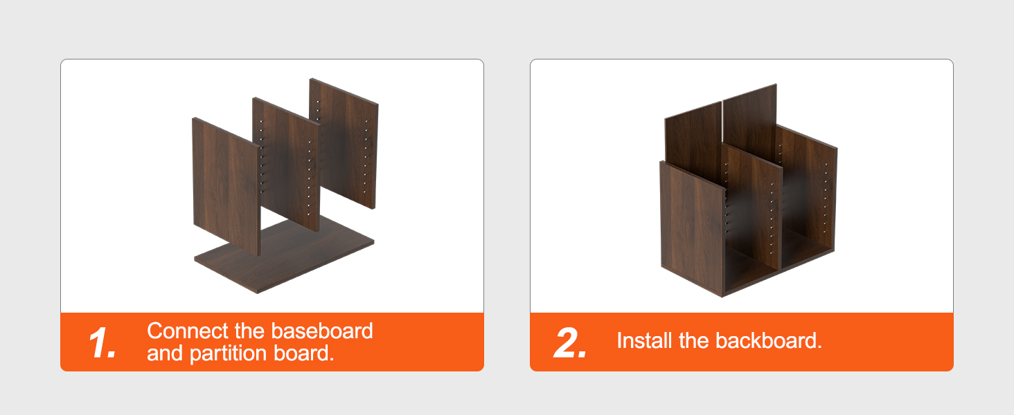 сборка органайзеров для литературы VEVOR: шаг 1, соедините плинтус и перегородку; шаг 2, установите заднюю панель.