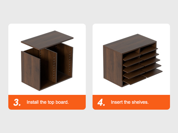 Этапы сборки органайзеров для литературы VEVOR: установка верхней доски, установка полки.