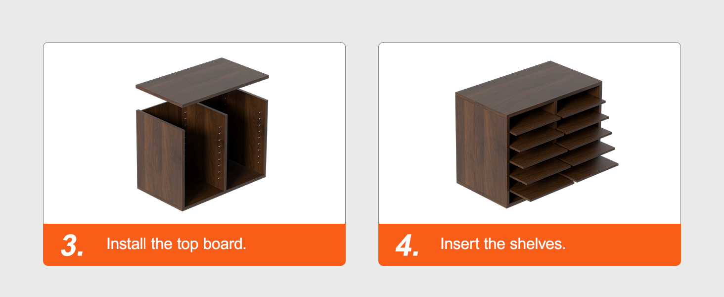 Этапы сборки органайзеров для литературы VEVOR: установка верхней доски, установка полки.
