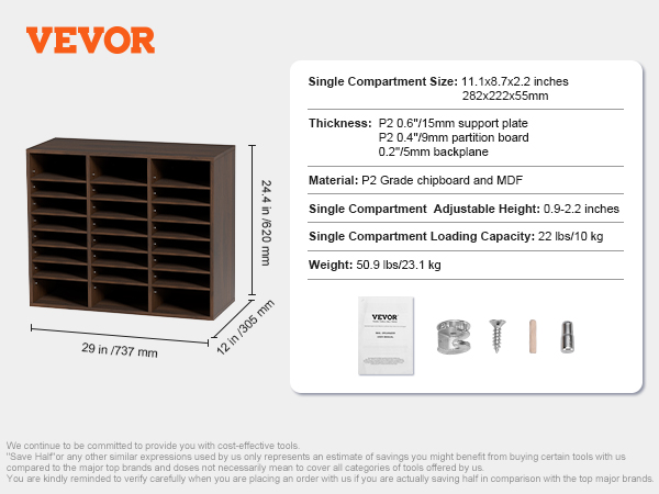 VEVOR literature organizers with 24 adjustable compartments made of p2 grade chipboard and mdf.