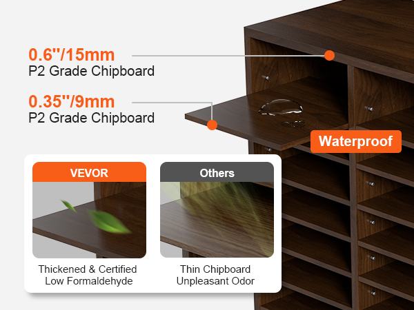 VEVOR literature organizers with waterproof thickened p2 grade chipboard shelves, low formaldehyde.