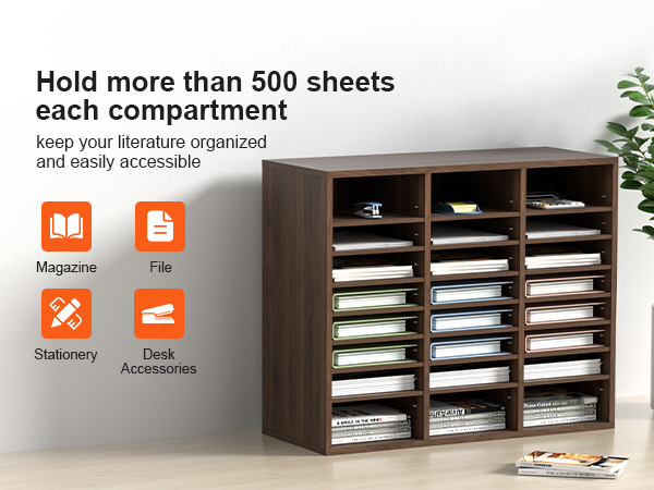 VEVOR literature organizers with multiple compartments storing magazines, files, and stationery.
