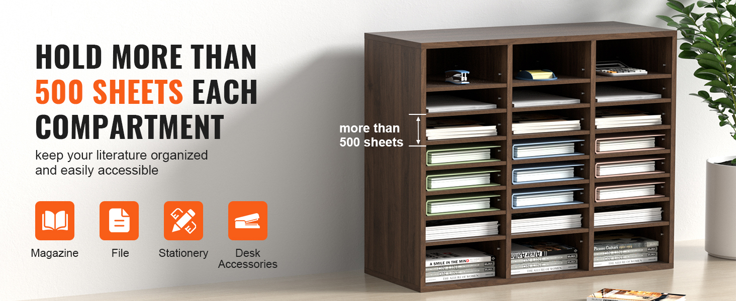 VEVOR literature organizers with multiple compartments storing magazines, files, and stationery.