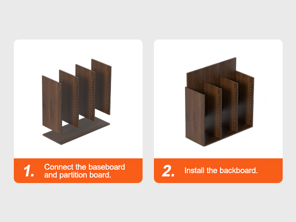 VEVOR literature organizers assembly steps: connect baseboard and partition; install backboard.