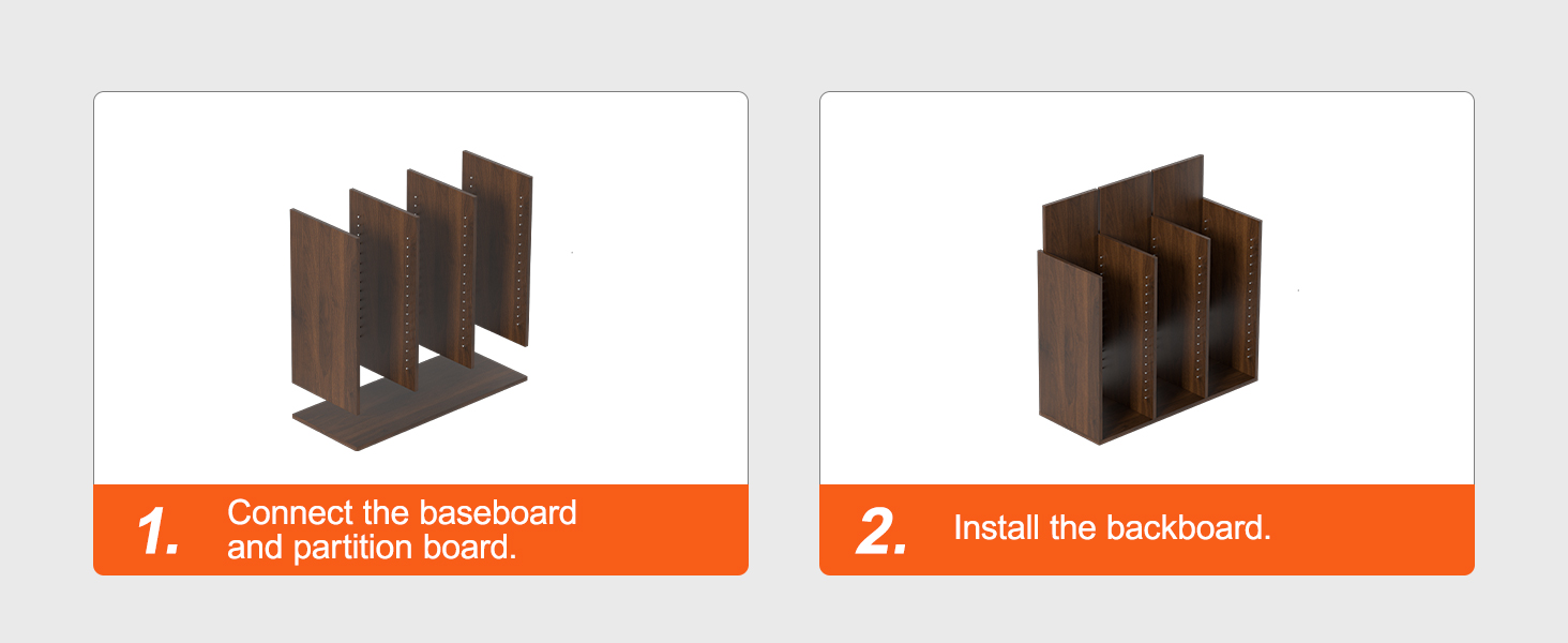 VEVOR literature organizers assembly steps: connect baseboard and partition; install backboard.