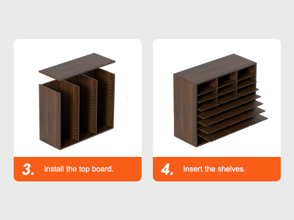 step-by-step assembly of VEVOR literature organizers: installing top board and inserting shelves.