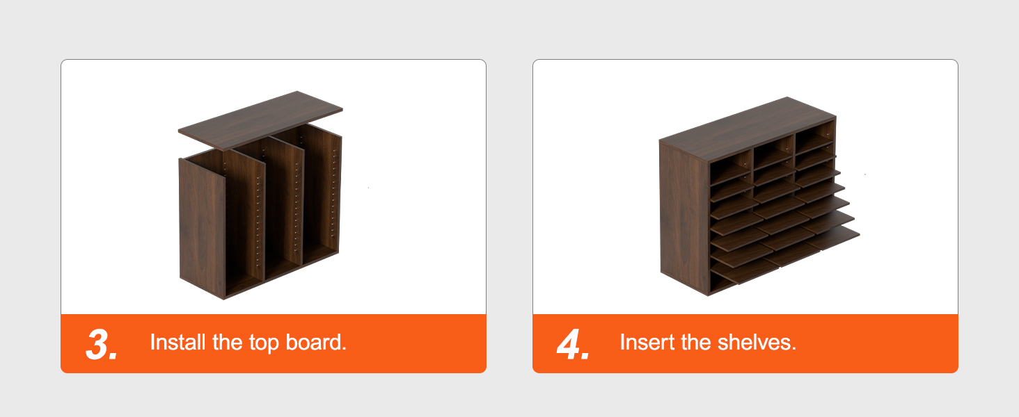 step-by-step assembly of VEVOR literature organizers: installing top board and inserting shelves.