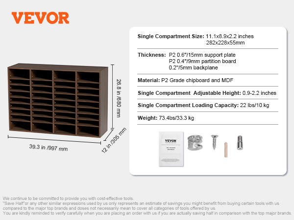 VEVOR literature organizers, dimensions 39.3x12x26.8 inches, made from p2 chipboard and mdf with adjustable shelves.