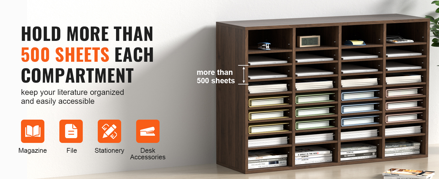 VEVOR literature organizers can hold more than 500 sheets per compartment, ideal for files and stationery.