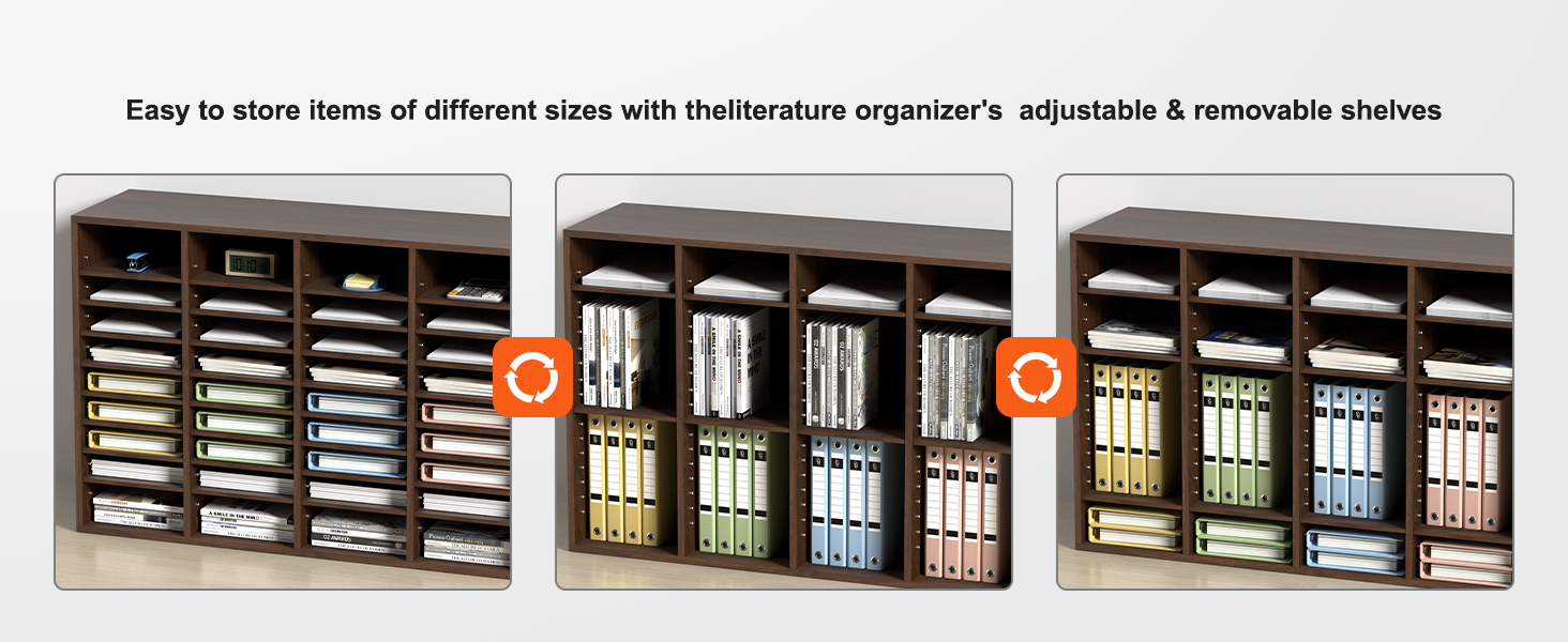 VEVOR literature organizers with adjustable and removable shelves for storing different sized items.