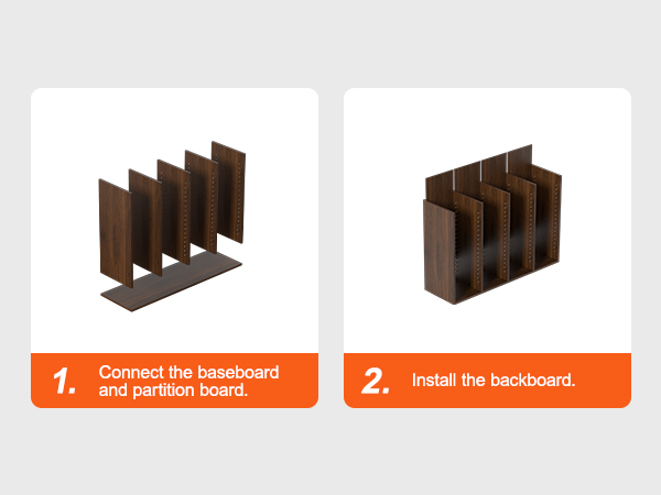 step-by-step assembly of VEVOR literature organizers: connect baseboard and partitions, install backboard.
