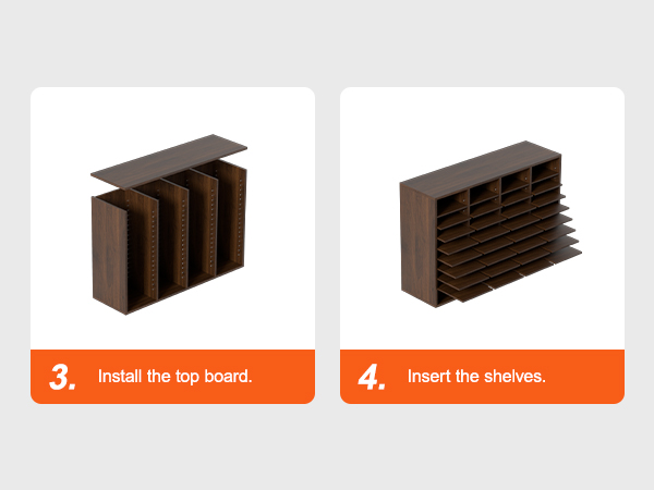 step-by-step assembly of VEVOR literature organizers: install the top board, insert the shelves.