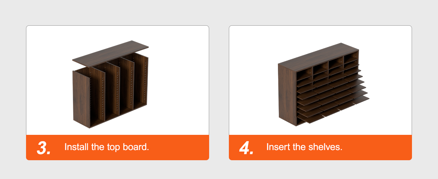 step-by-step assembly of VEVOR literature organizers: install the top board, insert the shelves.