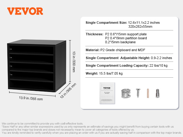 VEVOR literature organizers, black, with adjustable compartments, dimensions and materials listed on the side.