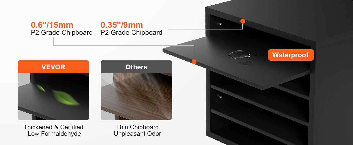 Органайзеры для литературы VEVOR изготовлены из толстой сертифицированной ДСП марки p2, водонепроницаемой с низким содержанием формальдегида.