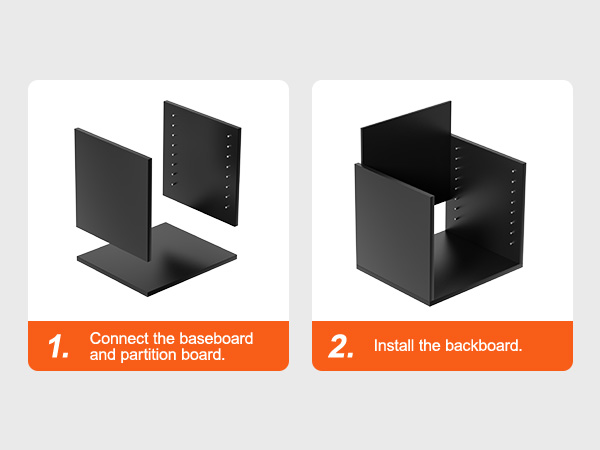 этапы сборки органайзеров для литературы VEVOR: соедините плинтус и перегородку, установите заднюю панель.