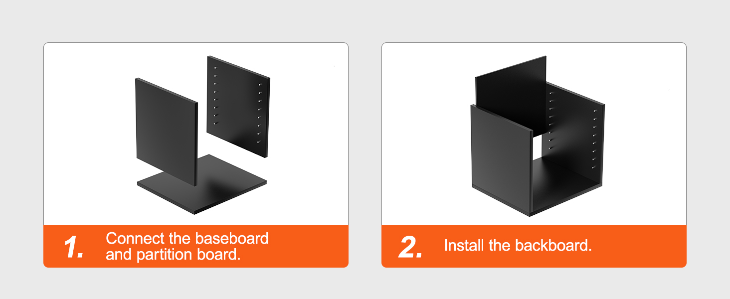 этапы сборки органайзеров для литературы VEVOR: соедините плинтус и перегородку, установите заднюю панель.