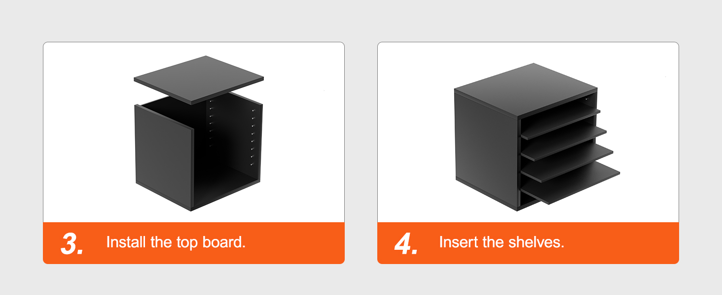 установите верхнюю доску и вставьте полки в органайзеры для литературы VEVOR для завершения сборки.