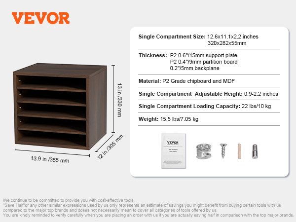 VEVOR literature organizers with adjustable shelves, 12.6x11.1x2.2 inches compartments, p2 mdf material.