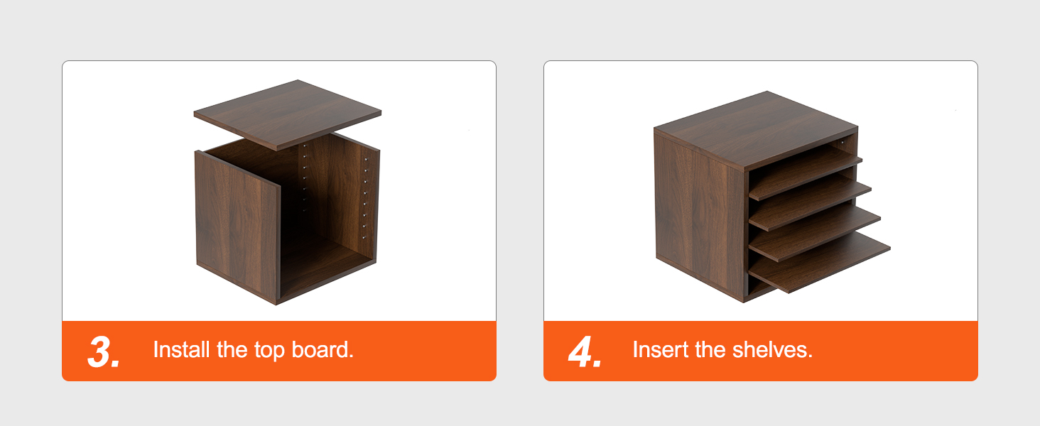 samm 3 ja 4 assamblee VEVOR kirjanduse korraldajad: paigaldus top pardal ja sisestamine riiulid.