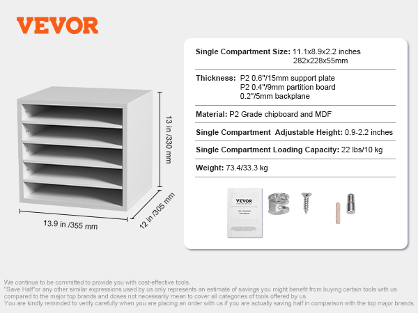VEVOR literature organizers with adjustable height, p2 chipboard, 22 lbs capacity, and 15.5 lbs weight.