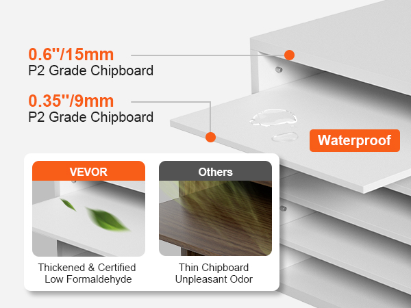 Органайзеры для литературы VEVOR изготовлены из ДСП марки p2 толщиной 0,6 дюйма / 15 мм, водонепроницаемы и содержат мало формальдегида.