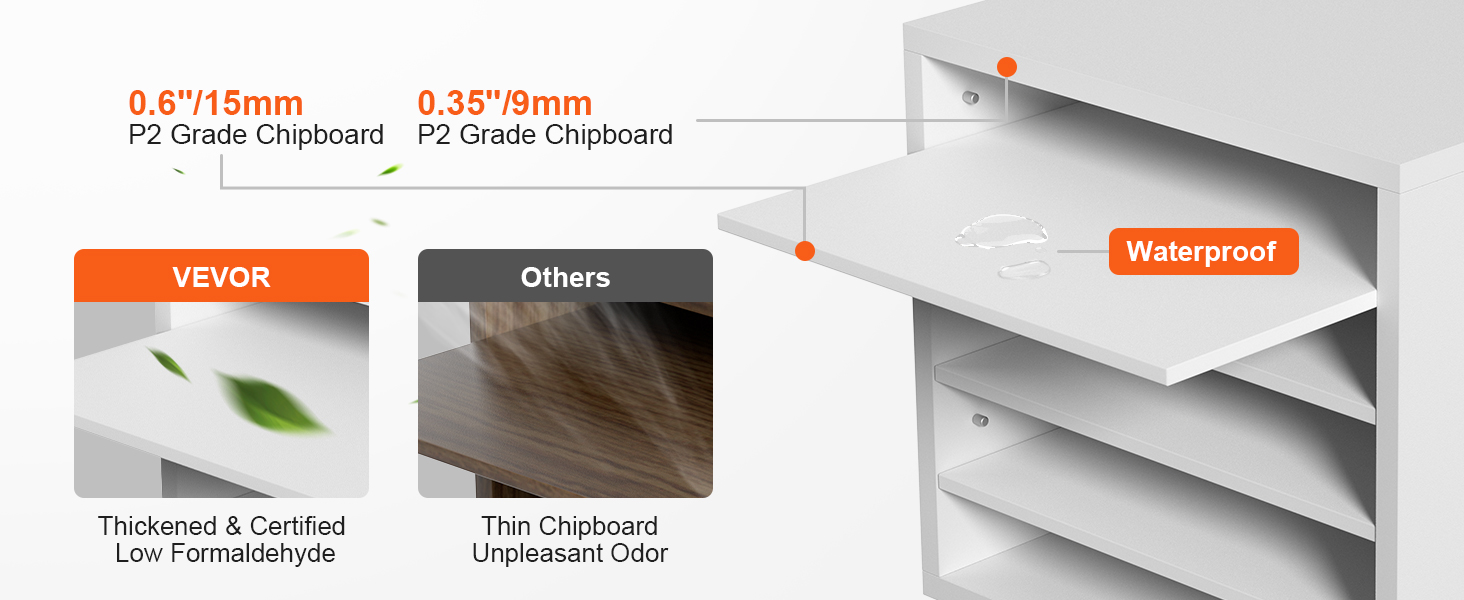Органайзеры для литературы VEVOR изготовлены из ДСП марки p2 толщиной 0,6 дюйма / 15 мм, водонепроницаемы и содержат мало формальдегида.