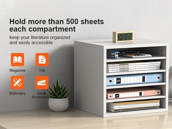 Органайзеры для литературы VEVOR демонстрируют отделения для папок, журналов и канцелярских принадлежностей.