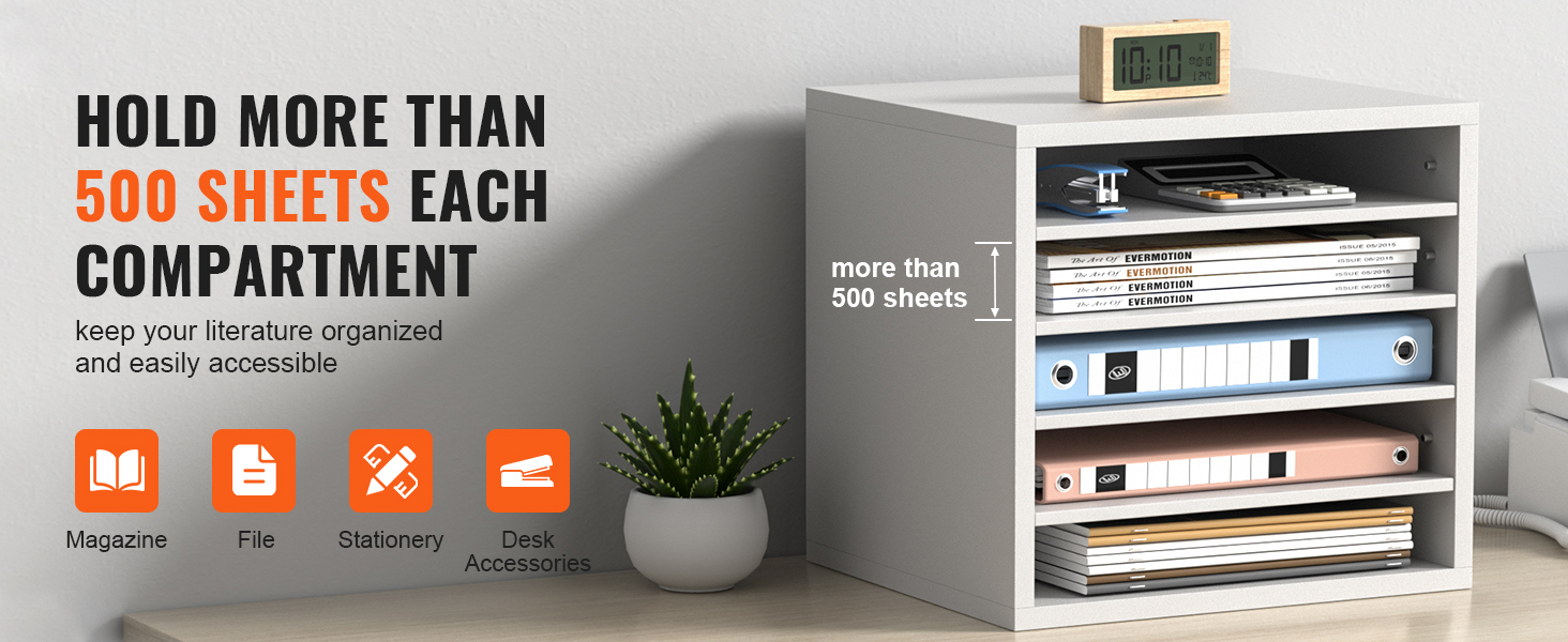 Органайзеры для литературы VEVOR демонстрируют отделения для папок, журналов и канцелярских принадлежностей.
