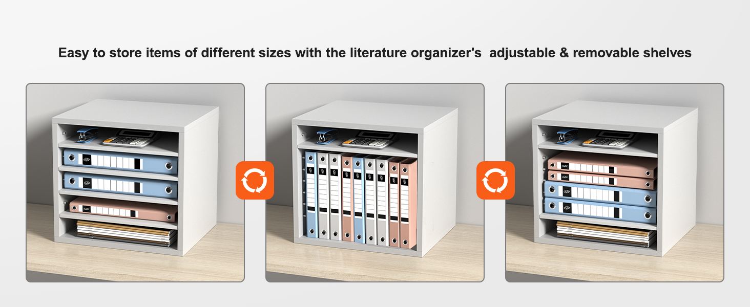 Органайзеры для литературы VEVOR с регулируемыми полками для хранения папок и канцелярских принадлежностей.