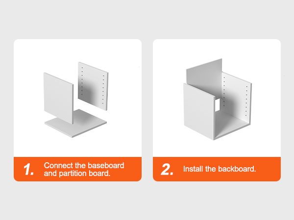 пошаговое руководство по сборке для соединения органайзеров для литературы VEVOR с плинтусом и задней панелью.