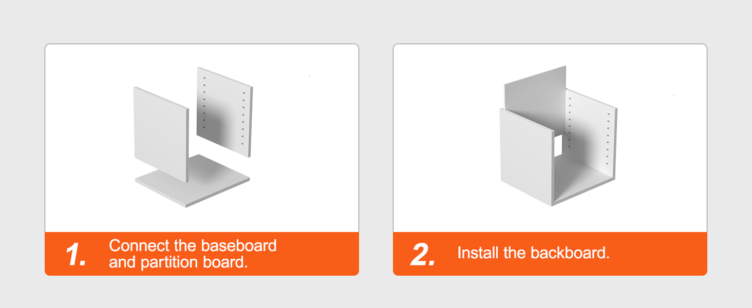 пошаговое руководство по сборке для соединения органайзеров для литературы VEVOR с плинтусом и задней панелью.