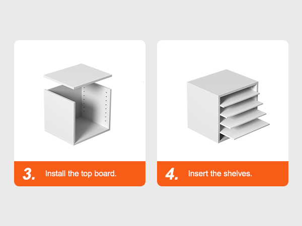 Этапы сборки органайзеров для литературы VEVOR Шаги 3 и 4: установите верхнюю доску, вставьте полки.