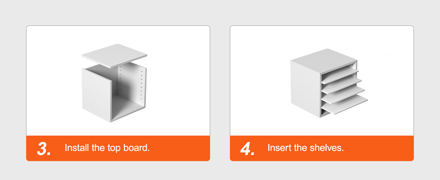 Этапы сборки органайзеров для литературы VEVOR Шаги 3 и 4: установите верхнюю доску, вставьте полки.