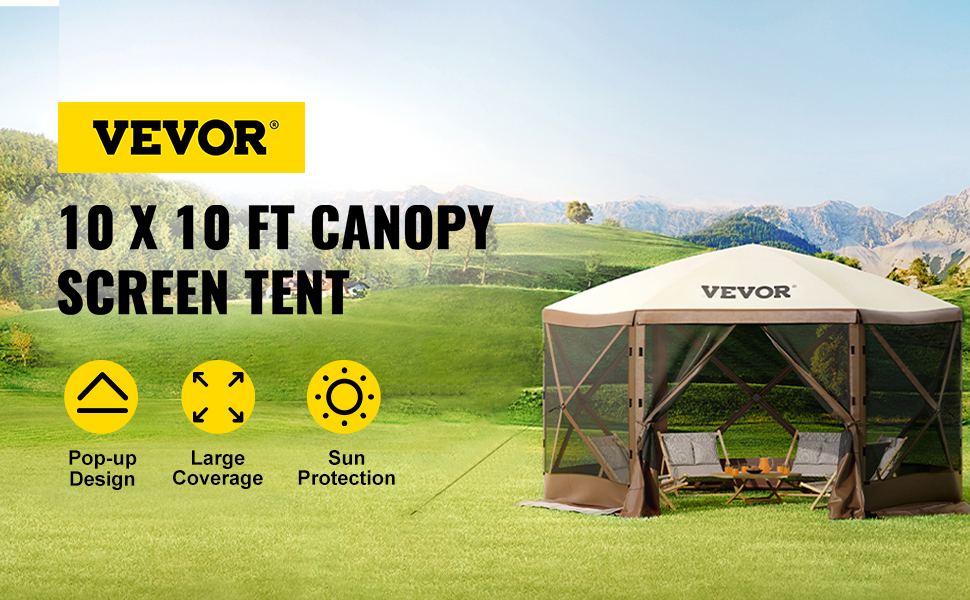 VEVOR camping gazebo tent, pop-up 10x10 ft canopy with large coverage and sun protection on a green field.
