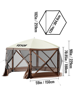 VEVOR camping gazebo tent with mesh sides, brown frame, and dimensions marked for height and width.