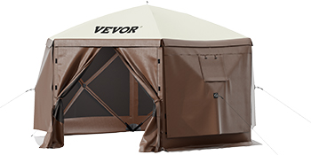 VEVOR camping gazebo tent with brown walls, large windows, and a white roof.