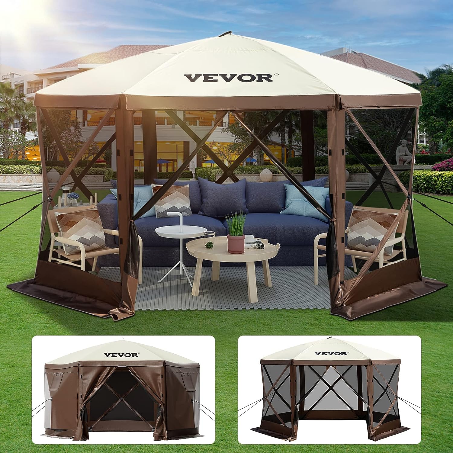VEVOR camping gazebo tent setup with lounge chairs, table, and sofa on grass. two side views shown.