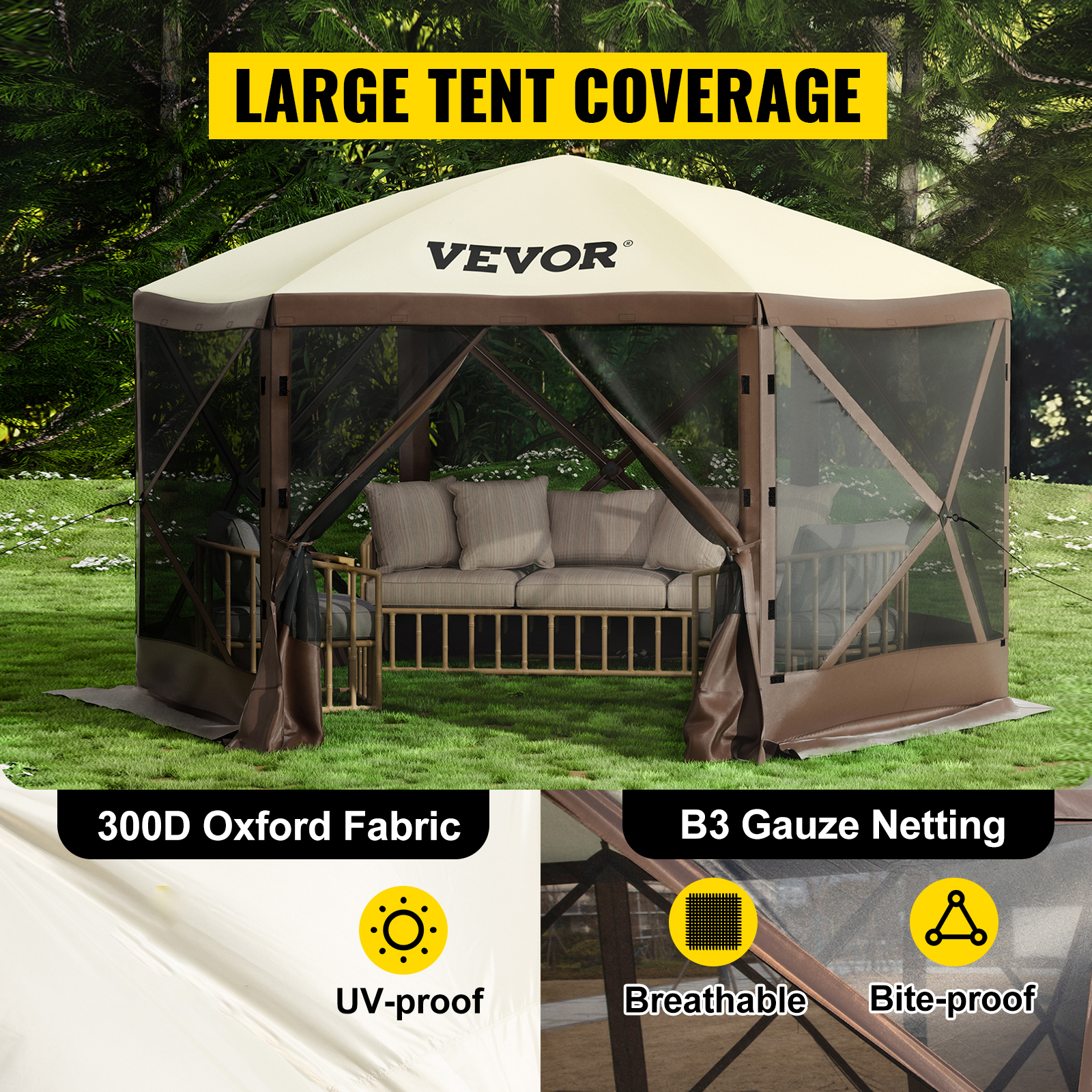 VEVOR camping gazebo tent with uv-proof oxford fabric and breathable, bite-proof b3 gauze netting.
