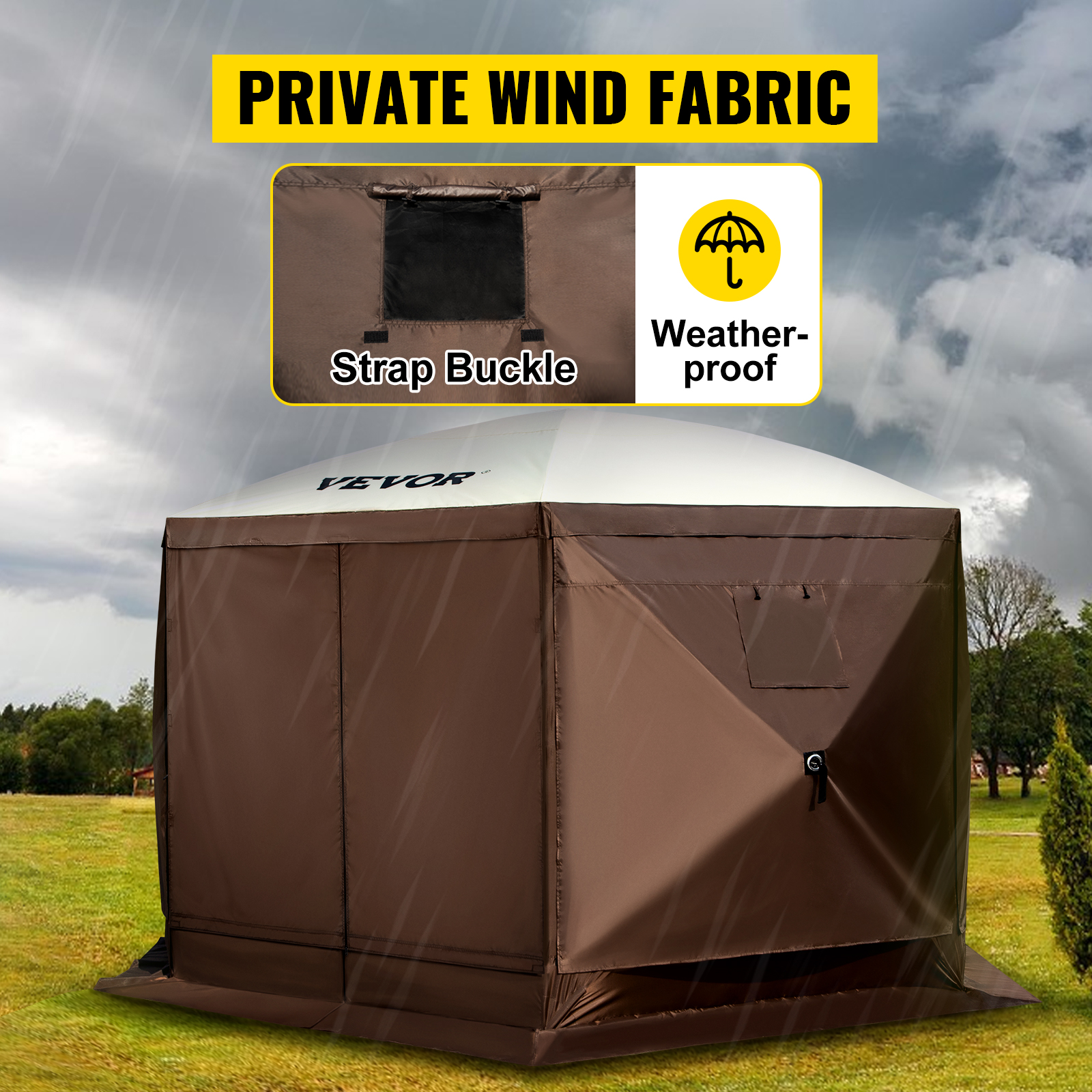 VEVOR camping gazebo tent with private wind fabric, strap buckle, and weatherproof features.