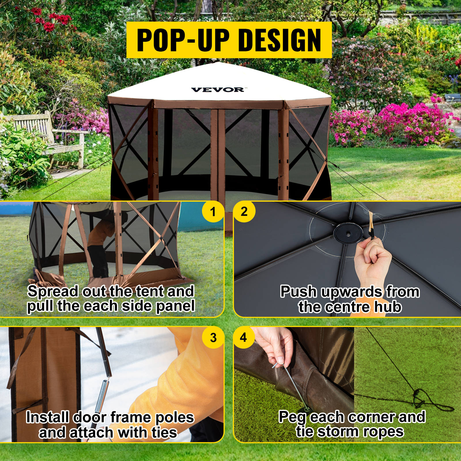 VEVOR camping gazebo tent installation steps with pop-up design, including frame and storm rope setup.