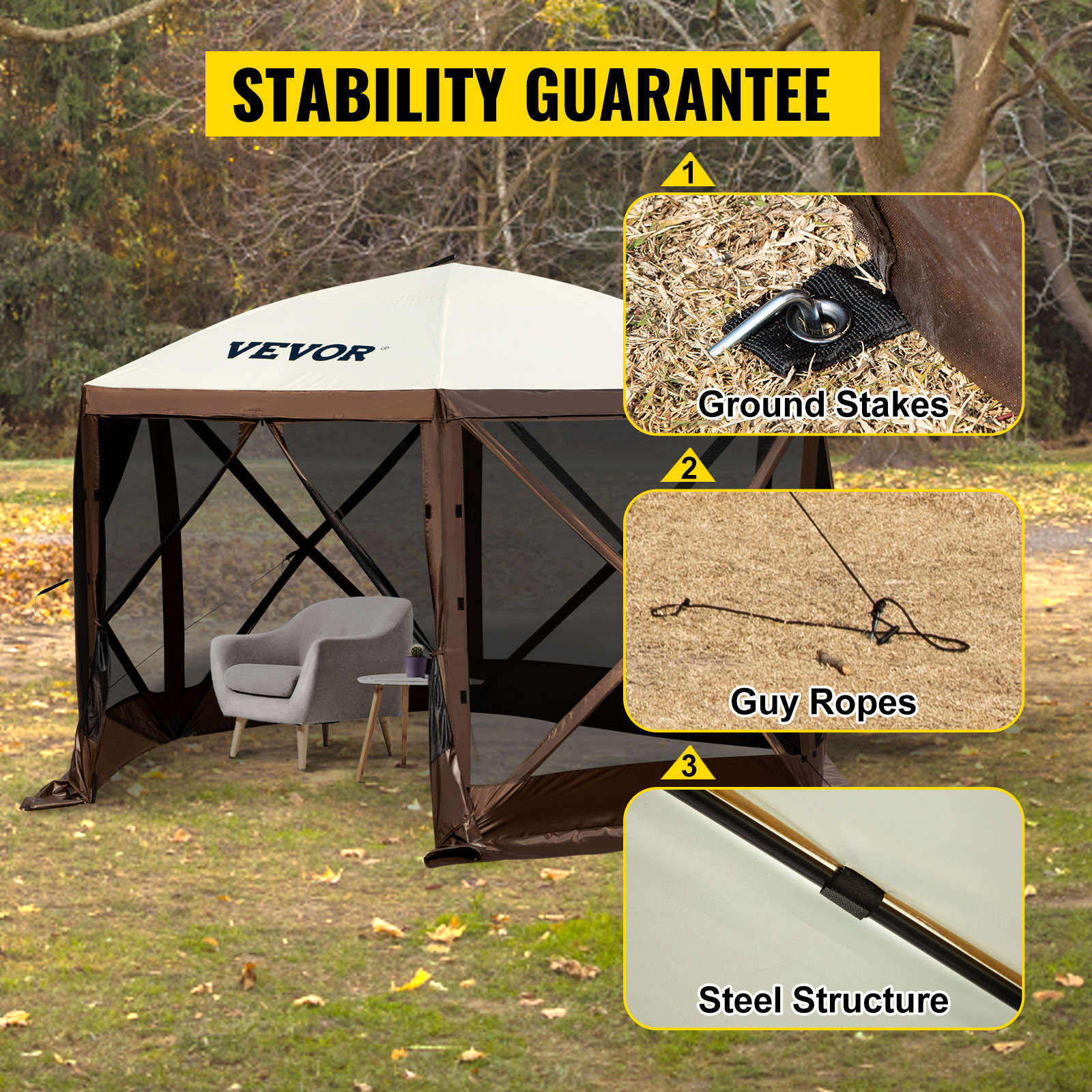 VEVOR camping gazebo tent in a park with ground stakes, guy ropes, and steel structure for stability.