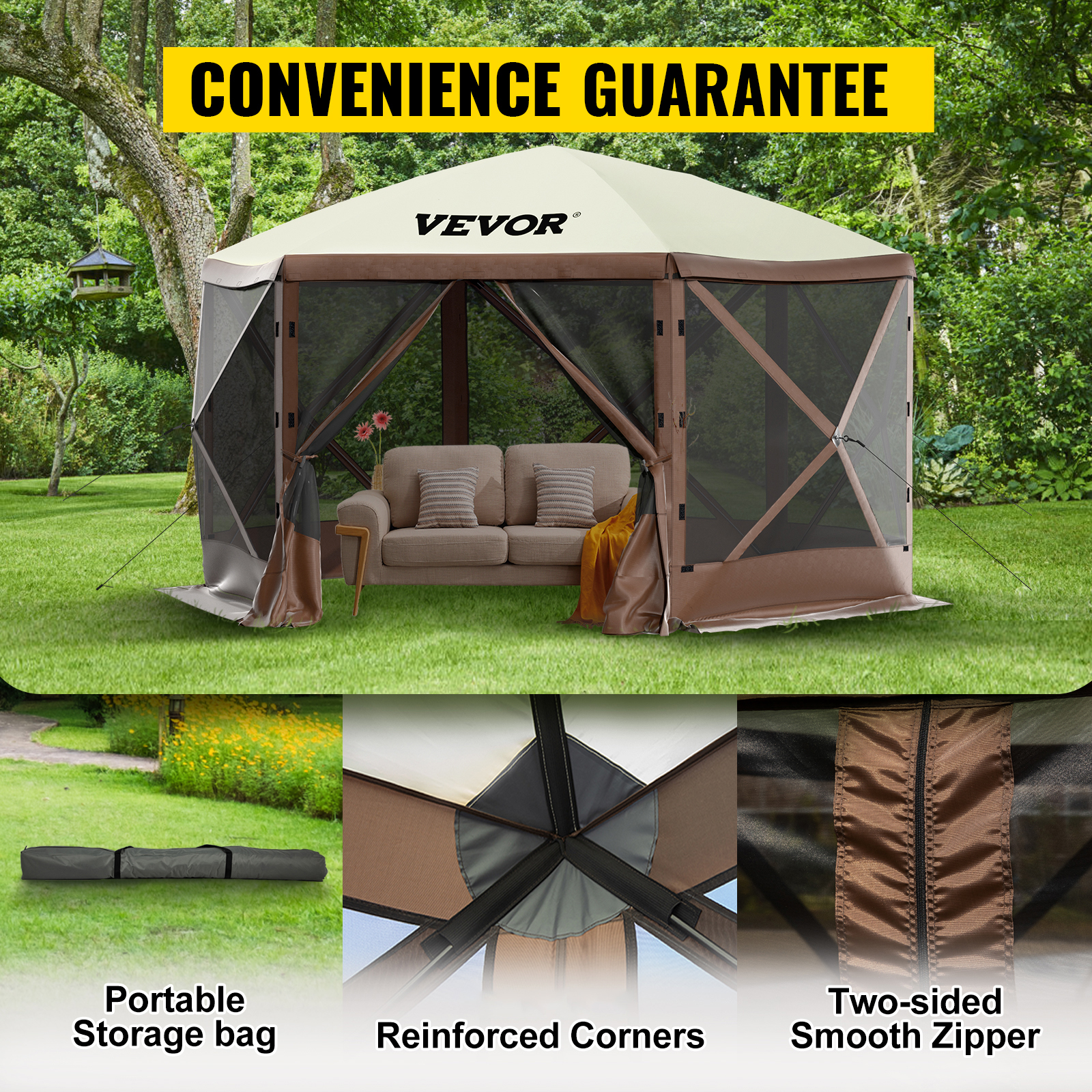 VEVOR camping gazebo tent with mesh sides, reinforced corners, two-sided zipper, and portable bag.