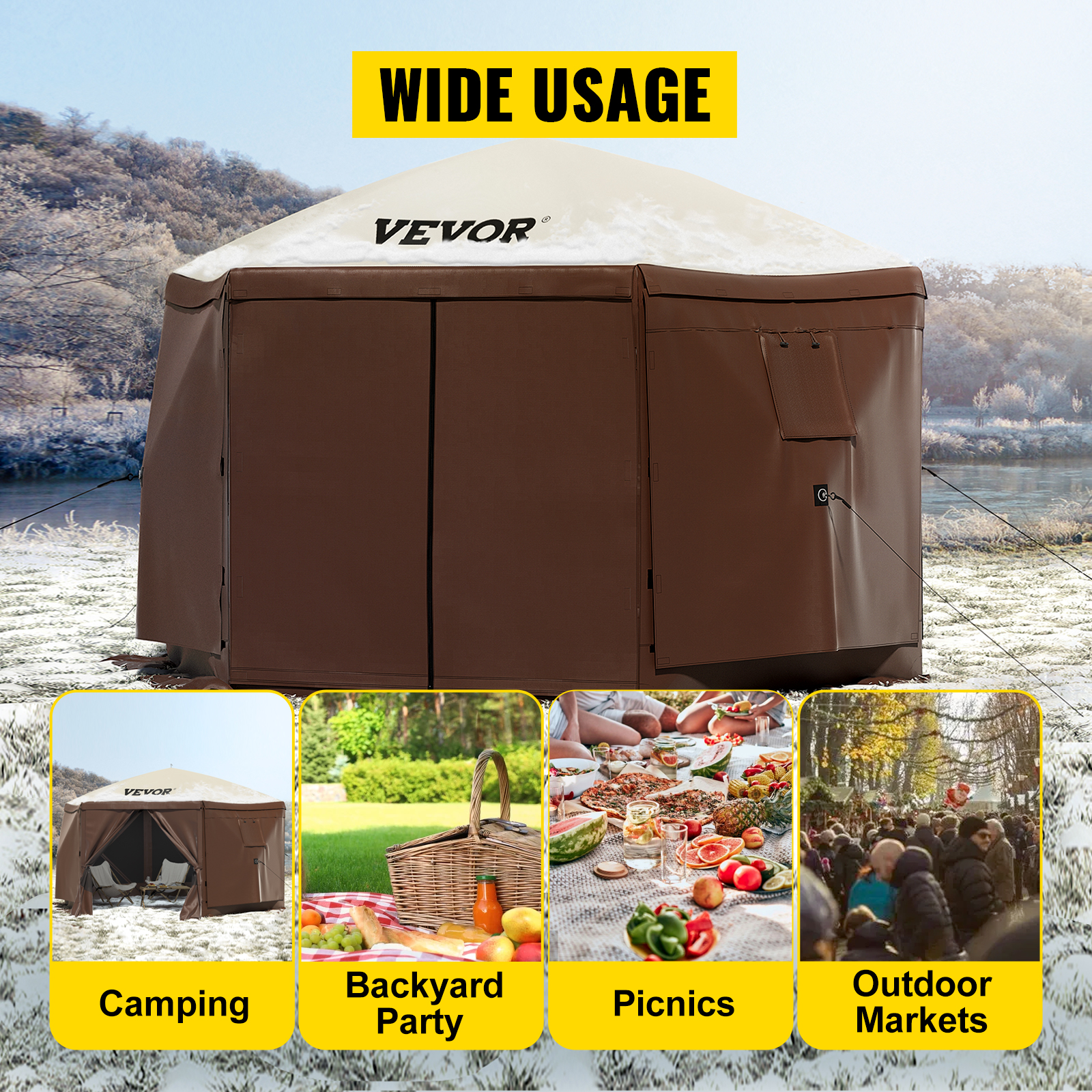 VEVOR camping gazebo tent in snowy landscape, with images showing usage for camping, picnics, and parties.