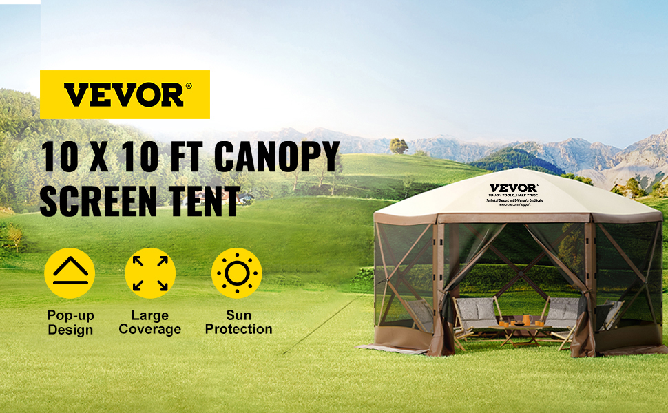 VEVOR camping gazebo 12x12 ft canopy screen tent with pop-up design, large coverage, sun protection, waterproof.