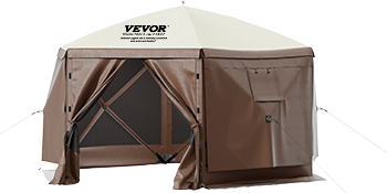 brown VEVOR camping gazebo with stakes and carry bags, ideal for outdoor shelter and activities.